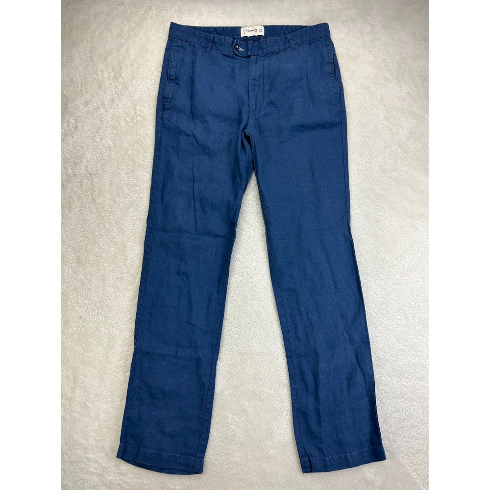 Cotton World Linen Pants Mens 32 Blue Prewashed Straight Leg Lightweight Comfort